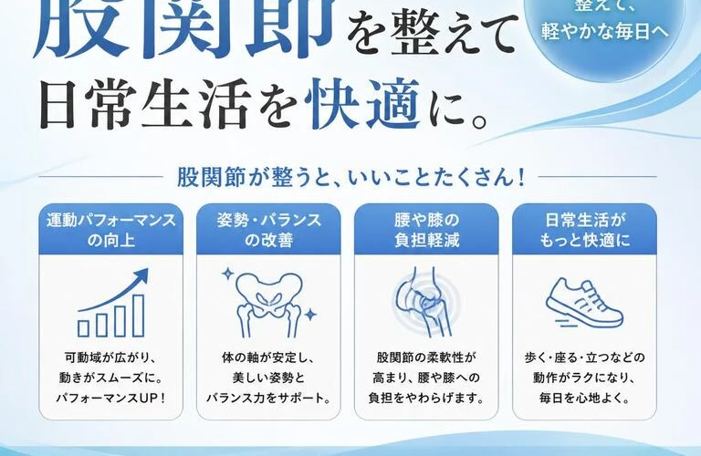 運動パフォーマンスを引き上げる！股関節を整えて日常生活を快適に。