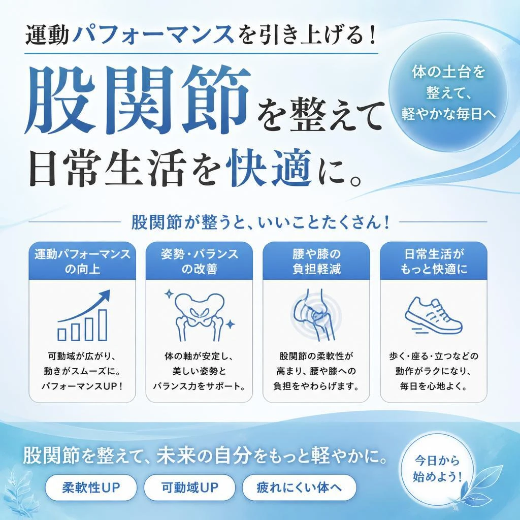 運動パフォーマンスを引き上げる！股関節を整えて日常生活を快適に。