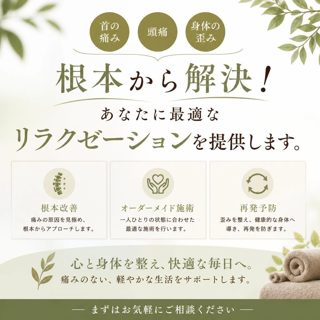 首の痛み、頭痛、身体の歪みを根本から解決！あなたに最適なリラクゼーションを提供します。