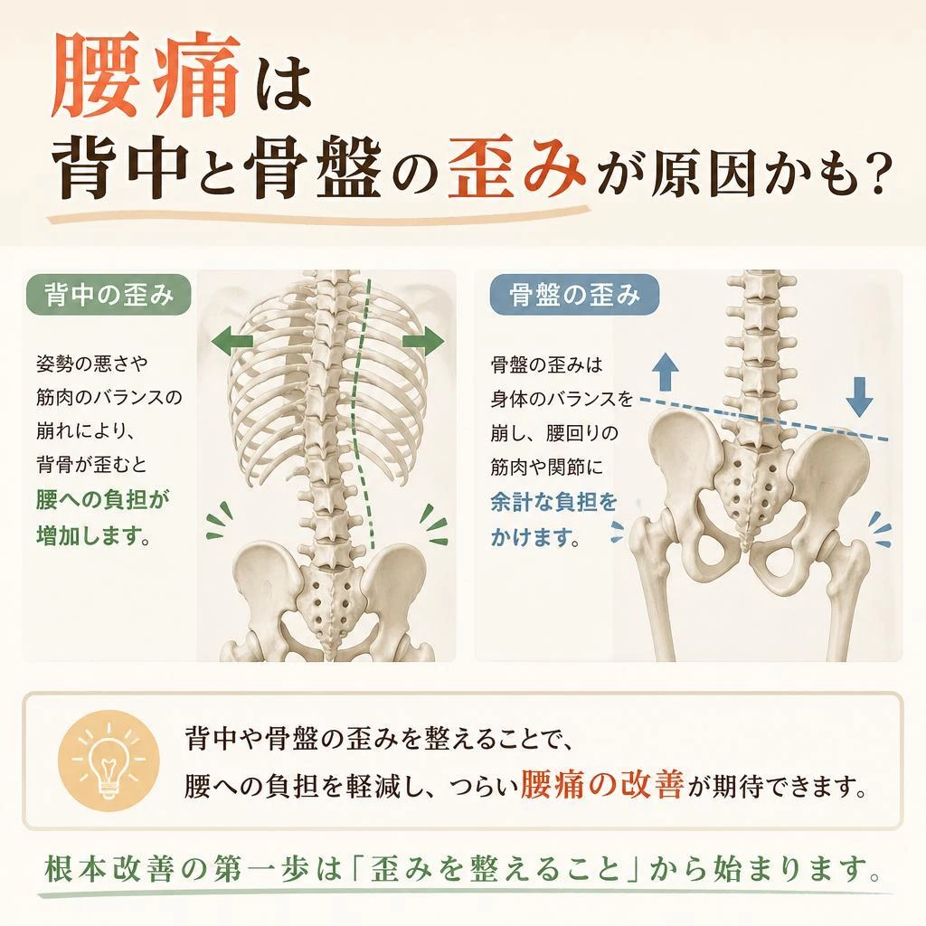 腰痛は背中と骨盤の歪みが原因かも？