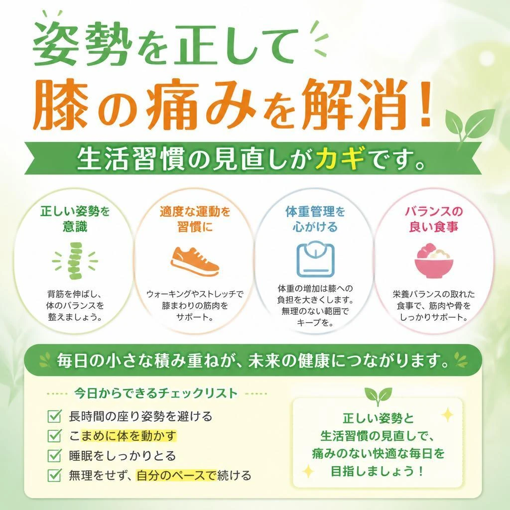 姿勢を正して膝の痛みを解消！生活習慣の見直しがカギです。