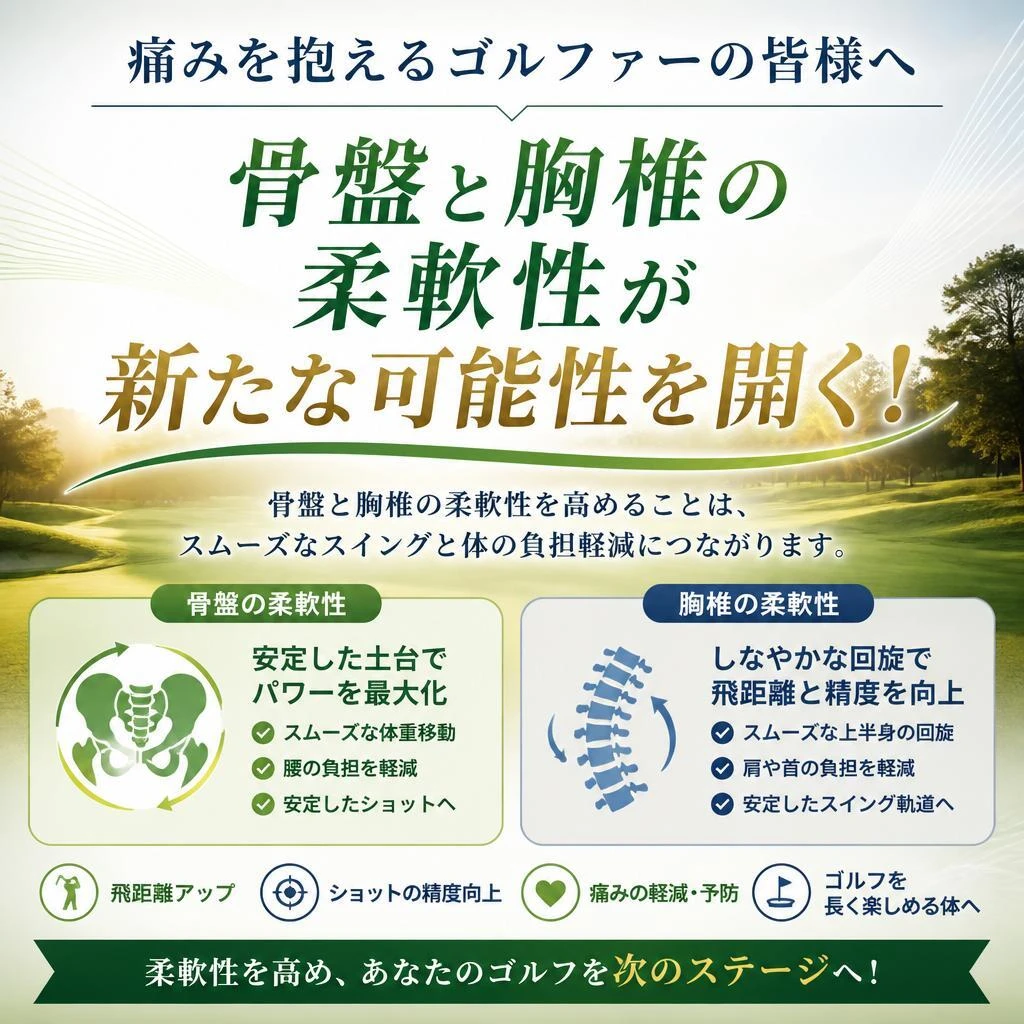 痛みを抱えるゴルファーの皆様へ、骨盤と胸椎の柔軟性が新たな可能性を開く！