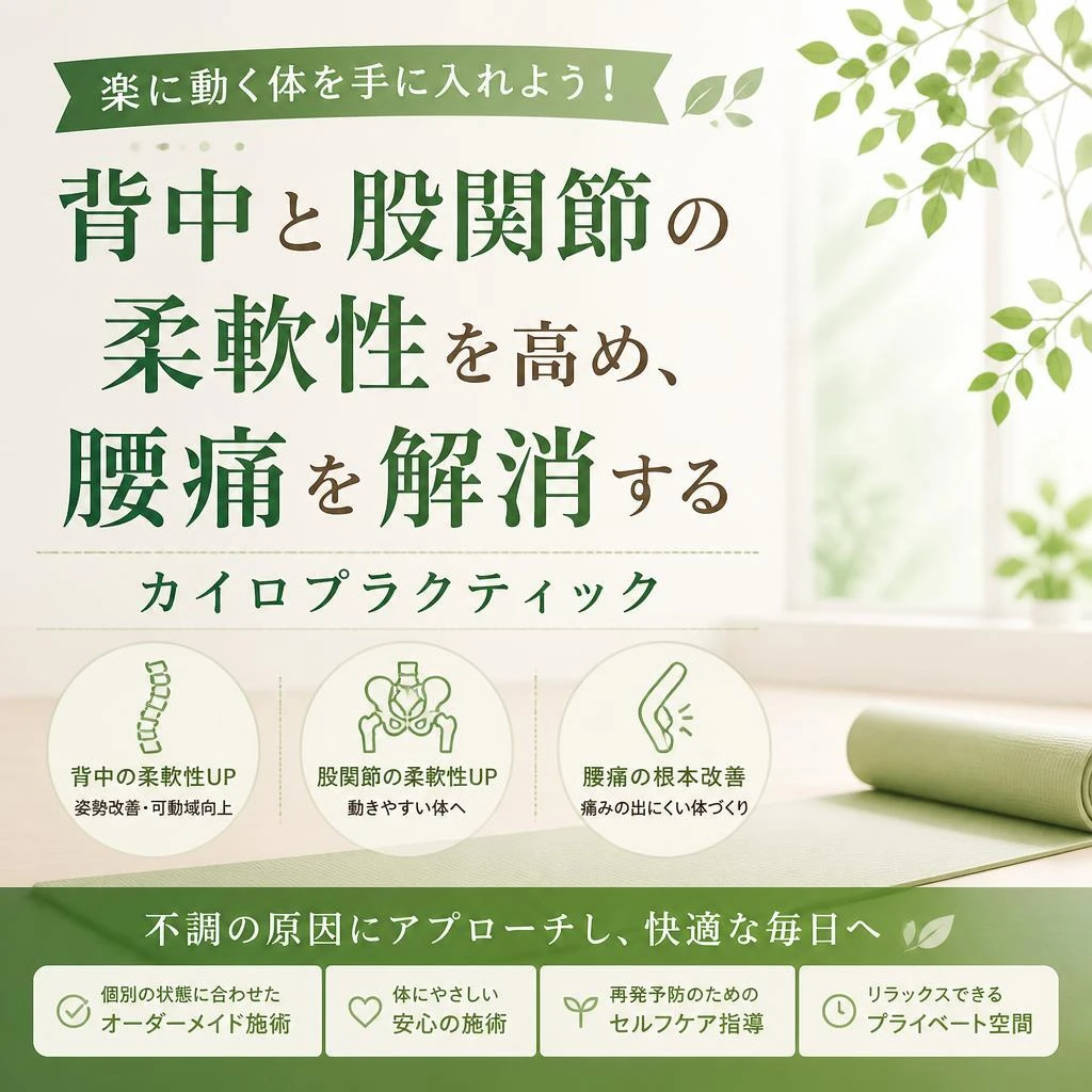 楽に動く体を手に入れよう！背中と股関節の柔軟性を高め、腰痛を解消するカイロプラクティック