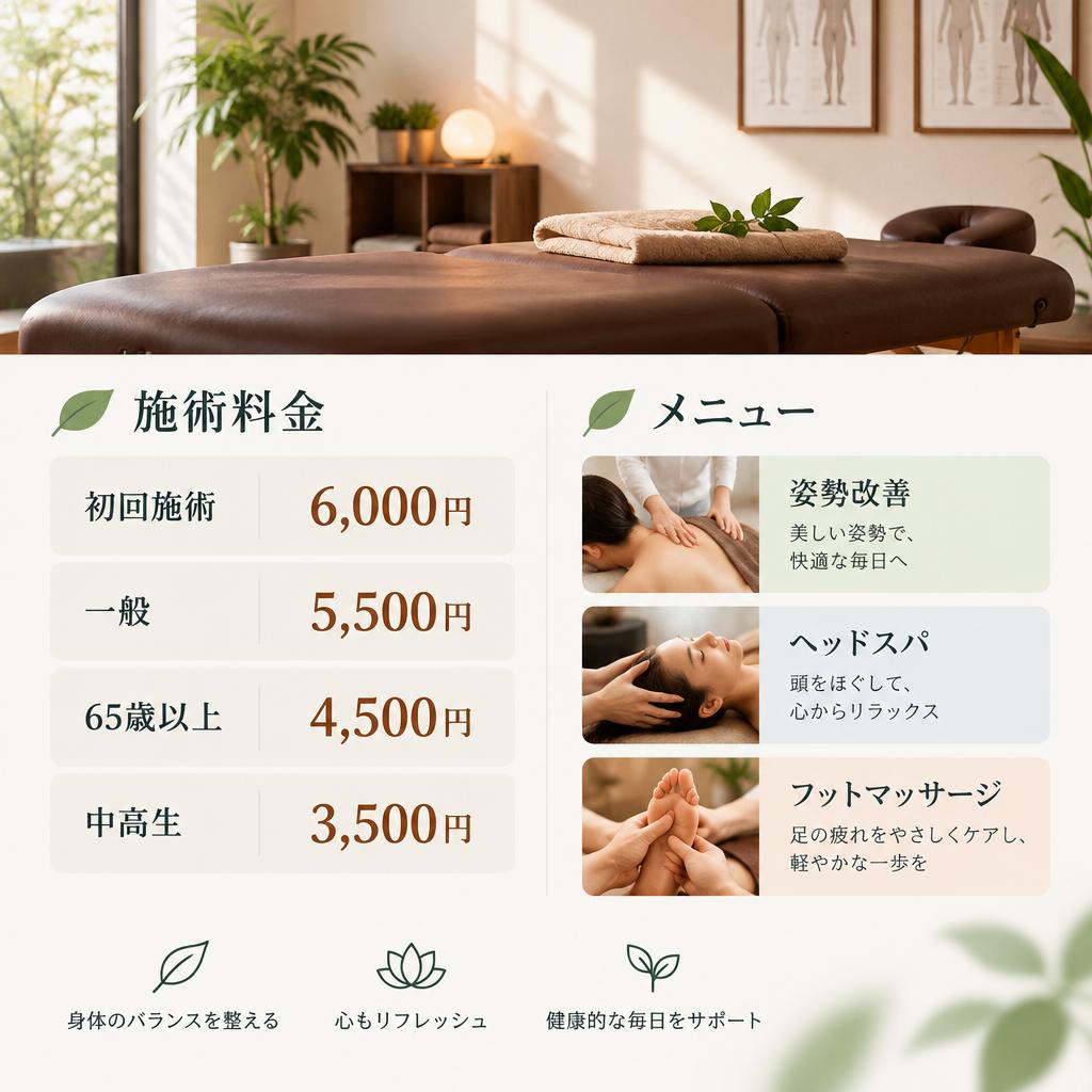 お悩みに合わせて選べる施術メニューと料金